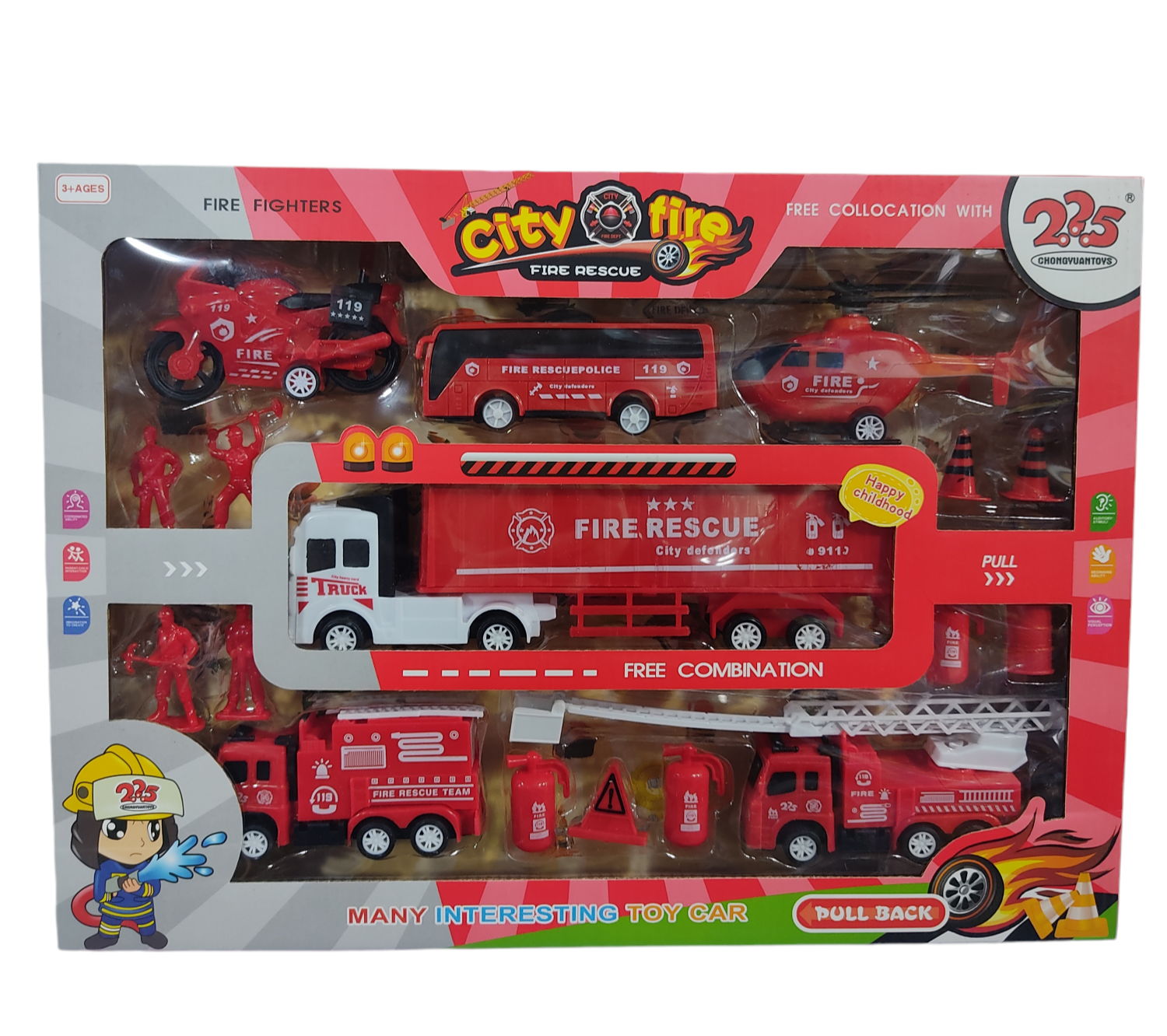 KK SET VEHICULOS + ACC BOMBEROS E/CAJA 45X33CM SD18878 AUTOS CAMIONES COLECTIVO BOTES