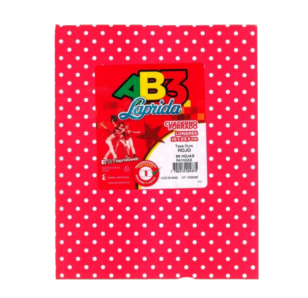 CUADERNO LAP.LUN.R AB3 X50H. ROJO RAYADO LUNARES 19X23CM