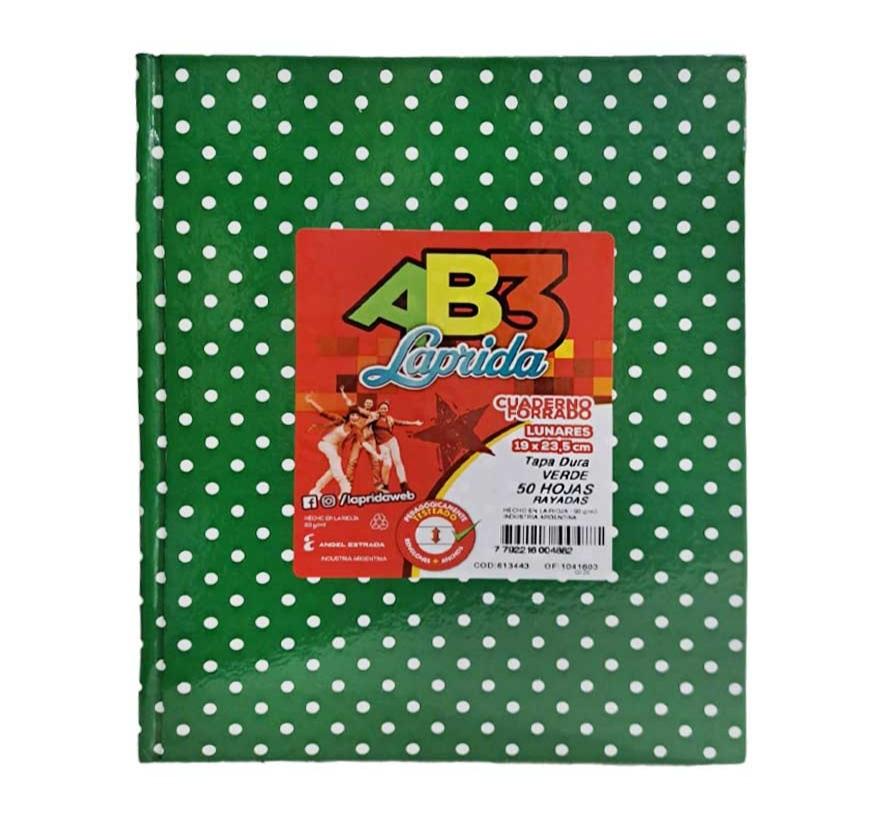 CUADERNO LAP.LUN.R AB3 X50H.VERDE RAYADO LUNARES 19X23CM