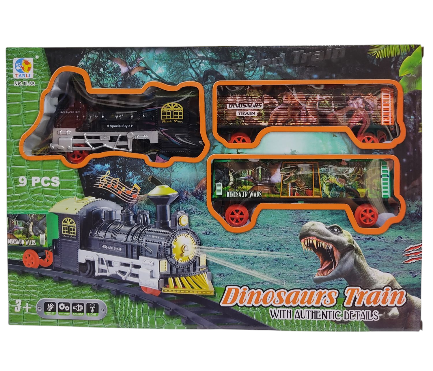 KK PISTAS DE TREN DINOSAURIO 9PCS E/CAJASD24199 40X28CM SONIDOS + LUZ