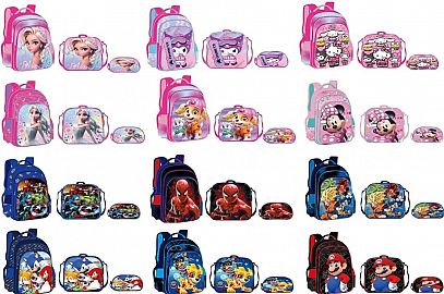 MOCHILAS SET3 MOCHILAS C/CARRITO LUNCHERAS CARTUCHERAS MOTIVOS TV INF ESCOLARES JARDINES