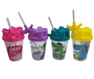 KK VASOS MED C/TAPA+SORBETES NS230231        PLASTICO DINOSAURIOS DECORADOS INFANTILES